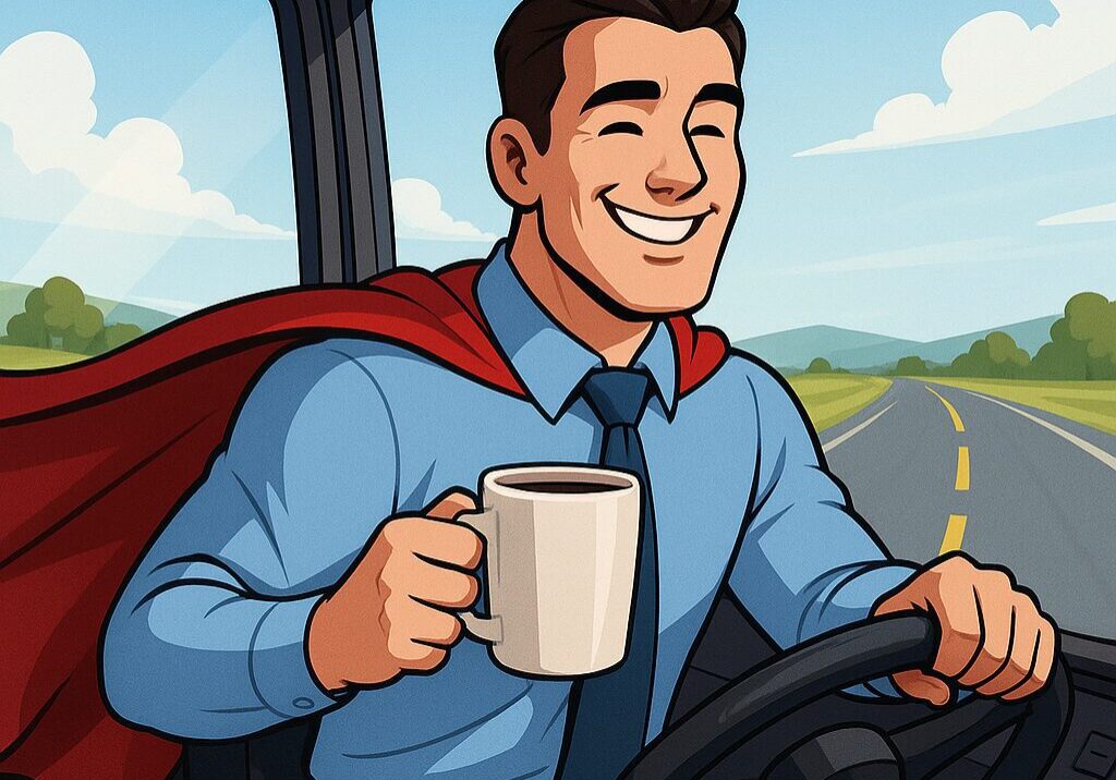 Man driving, smiling, wearing cape, holding coffee.